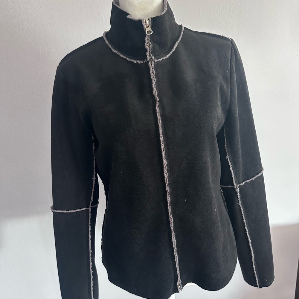 Women's Black Suede Jacket with grey shearling liner.
